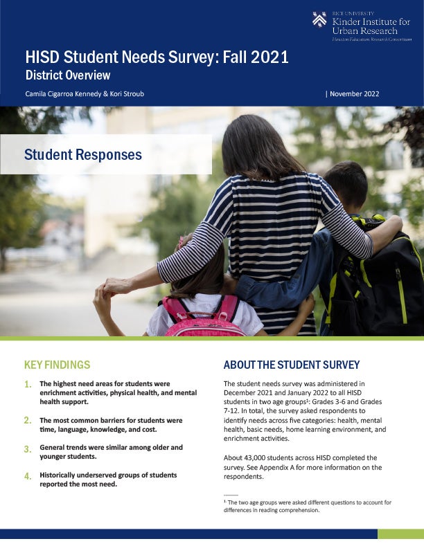 HISD Student Needs Survey Fall 2021 Kinder Institute for Urban